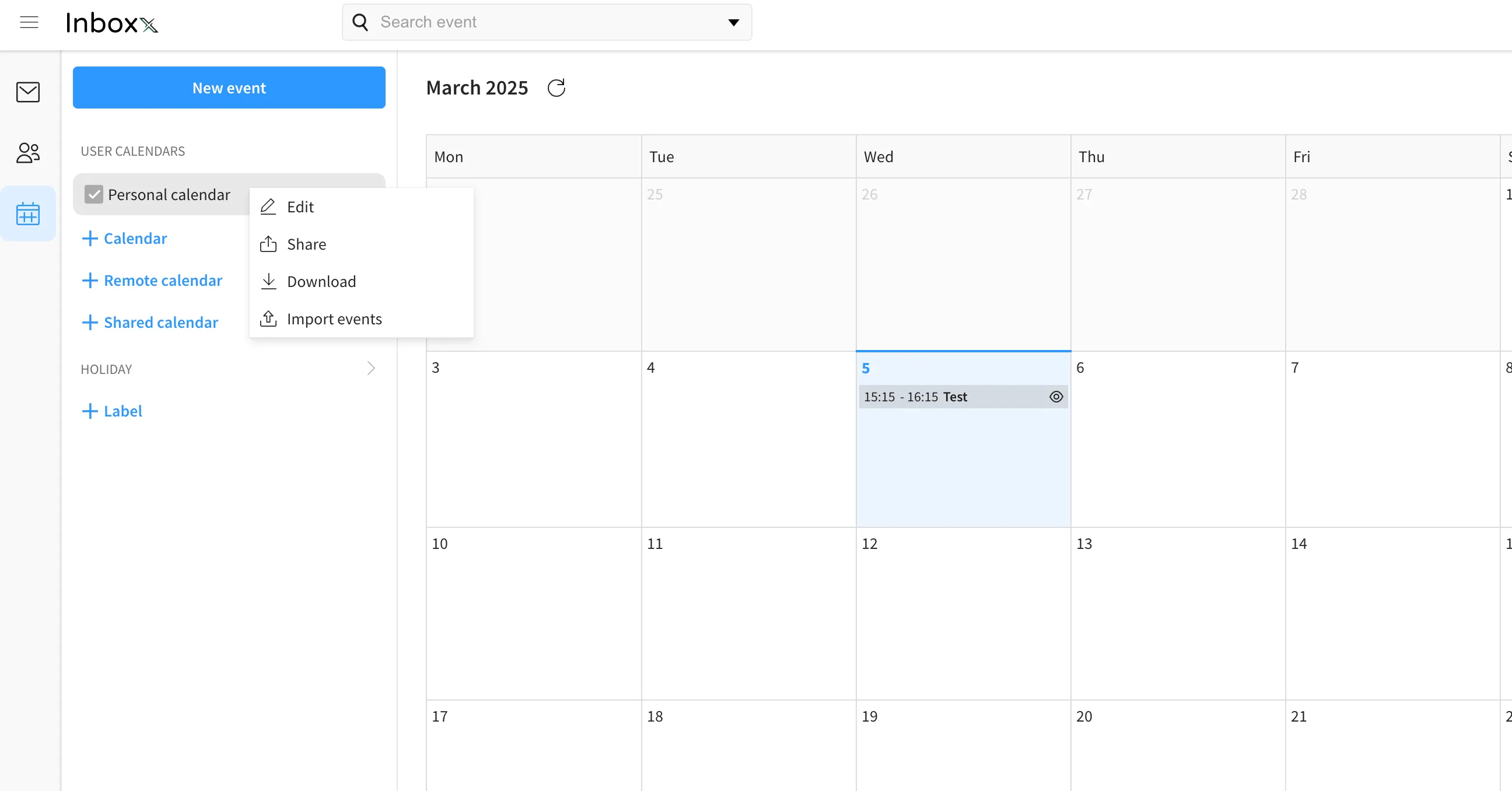 Inboxx webmail agenda met het menu van Personal calendar geopend en de optie Share