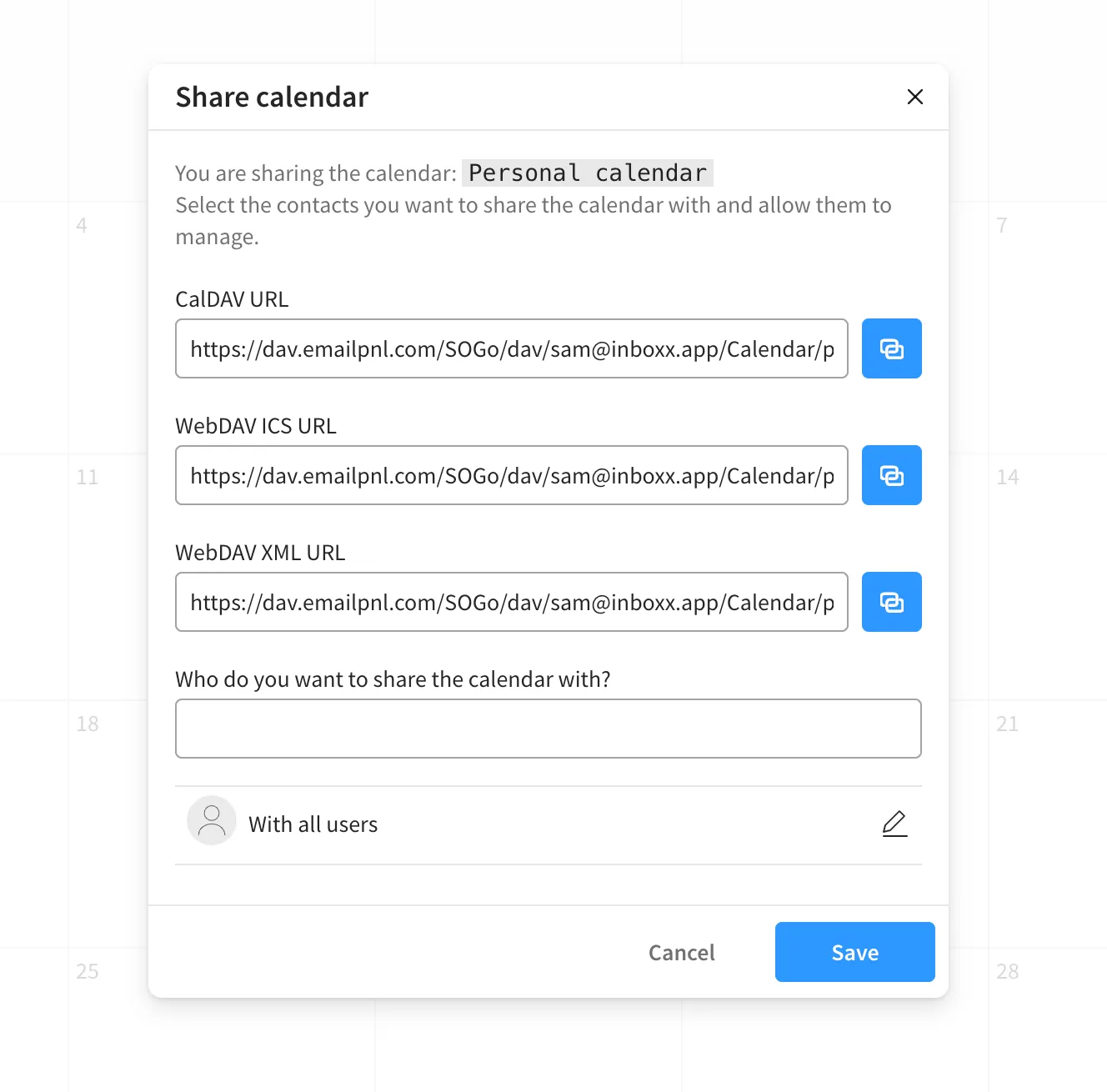 Venster Share calendar in Inboxx met de CalDAV URL, WebDAV ICS URL en WebDAV XML URL