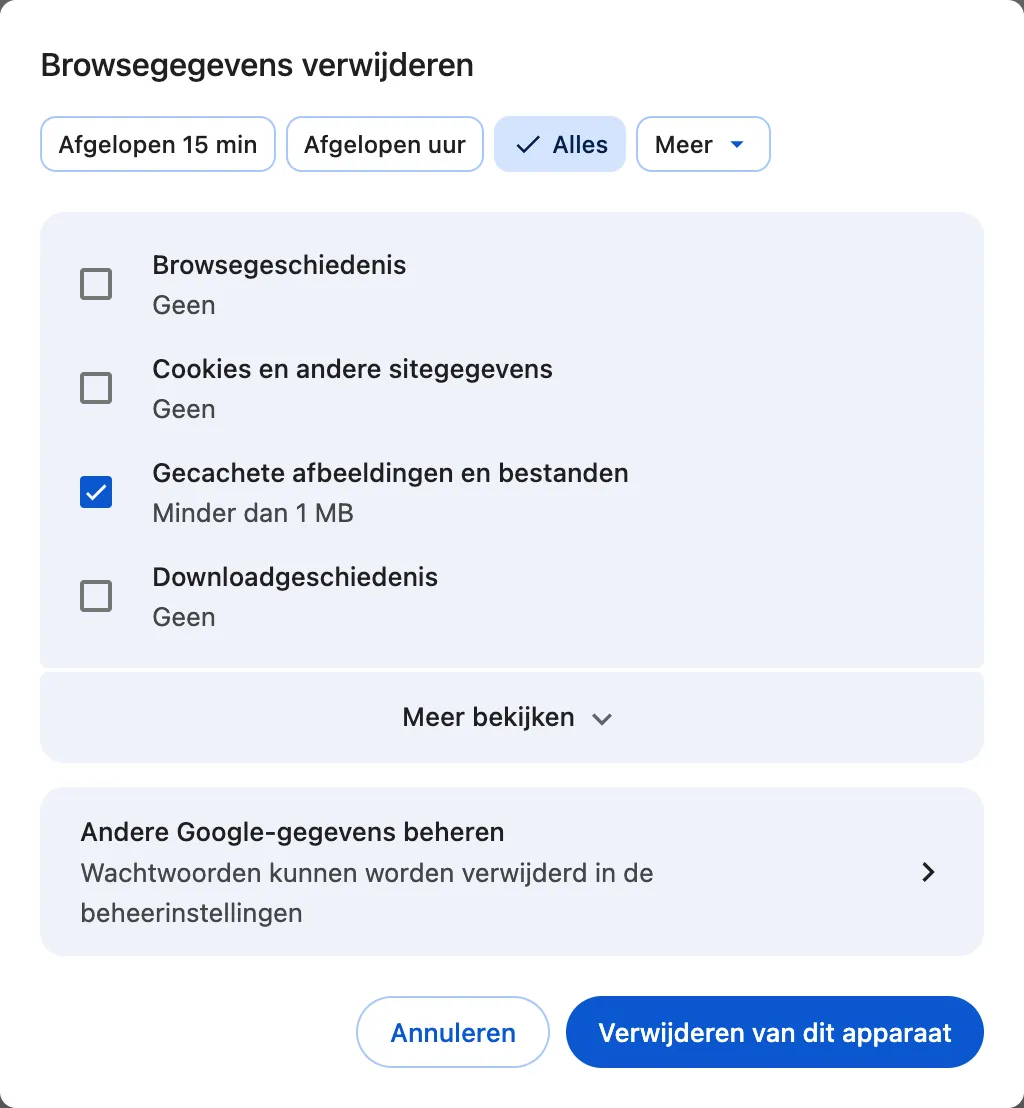 Chrome venster Browsegegevens verwijderen met periode Alles en enkel Gecachete afbeeldingen en bestanden aangevinkt