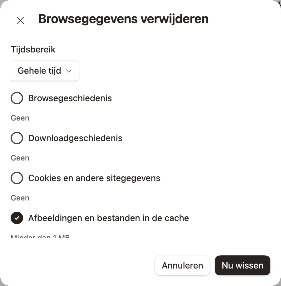 Edge venster Browsegegevens verwijderen met tijdsbereik Gehele tijd en enkel Afbeeldingen en bestanden in de cache aangevinkt