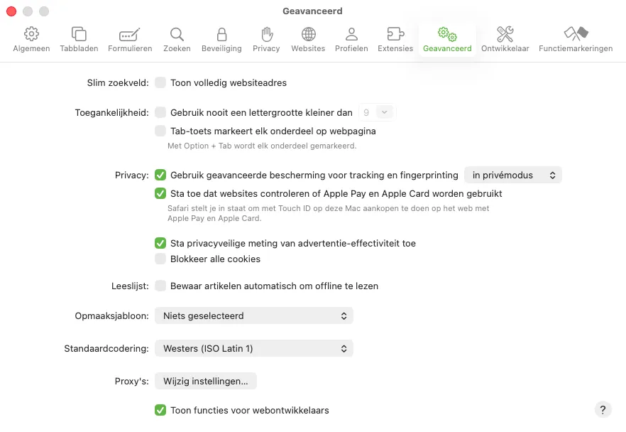 Safari instellingen, tabblad Geavanceerd, met Toon functies voor webontwikkelaars aangevinkt