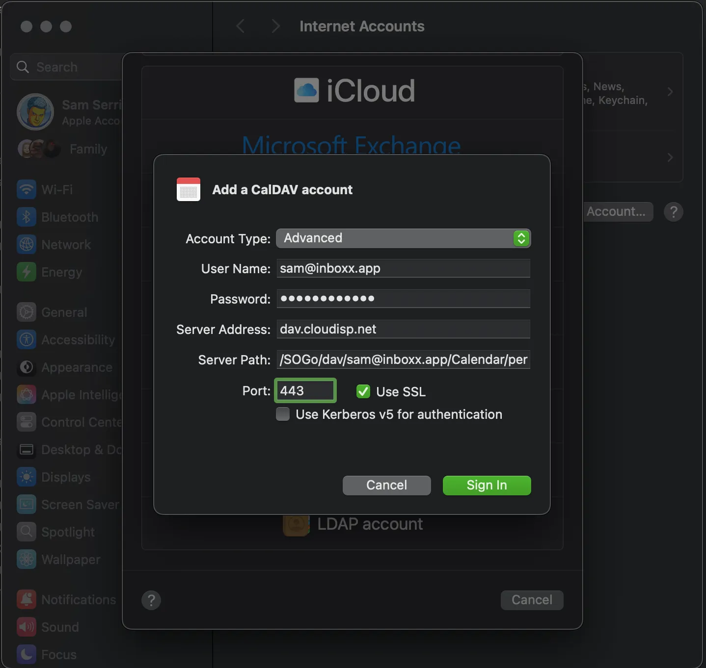 Venster Voeg een CalDAV-account toe in Internetaccounts op macOS met accounttype Geavanceerd, serveradres dav.cloudisp.net, serverpad en poort 443 met SSL