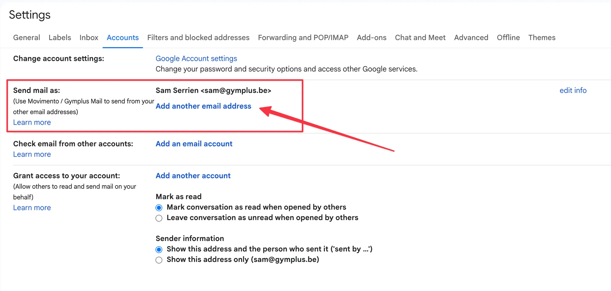 Gmail instellingen, tabblad Accounts, met de link Nog een e-mailadres toevoegen bij Mail verzenden als
