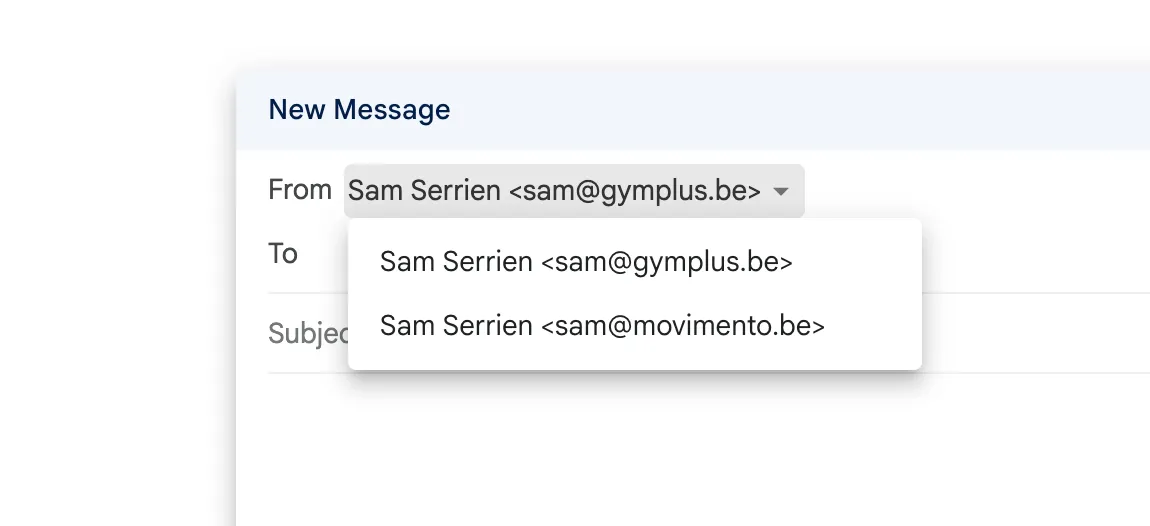 Nieuw bericht in Gmail met het Van menu open en twee e-mailadressen om uit te kiezen