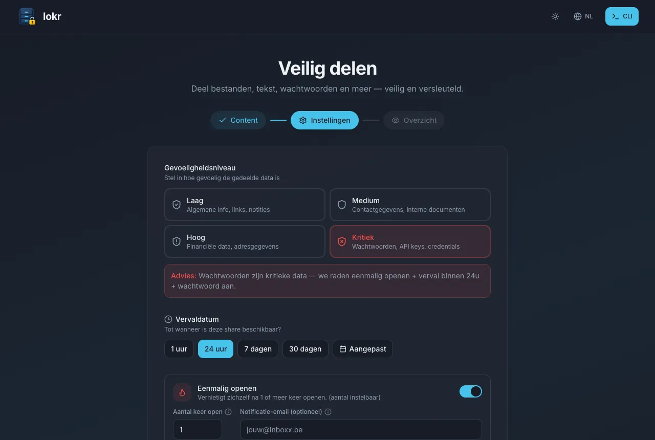 Instellingen in lokr met gevoeligheidsniveau Kritiek, vervaldatum 24 uur en eenmalig openen ingeschakeld