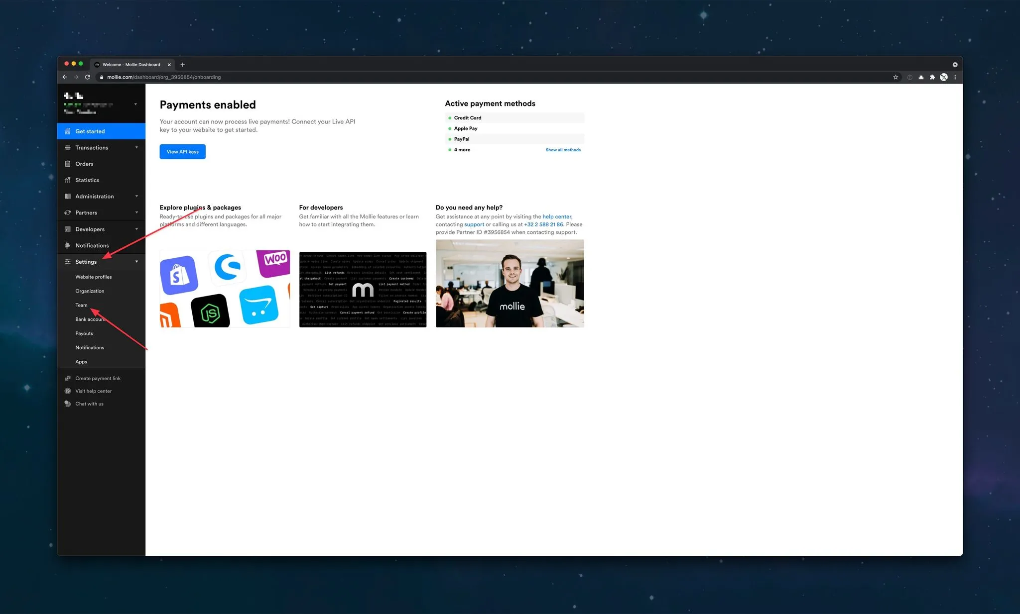 Mollie dashboard met in het menu Settings en Team aangeduid
