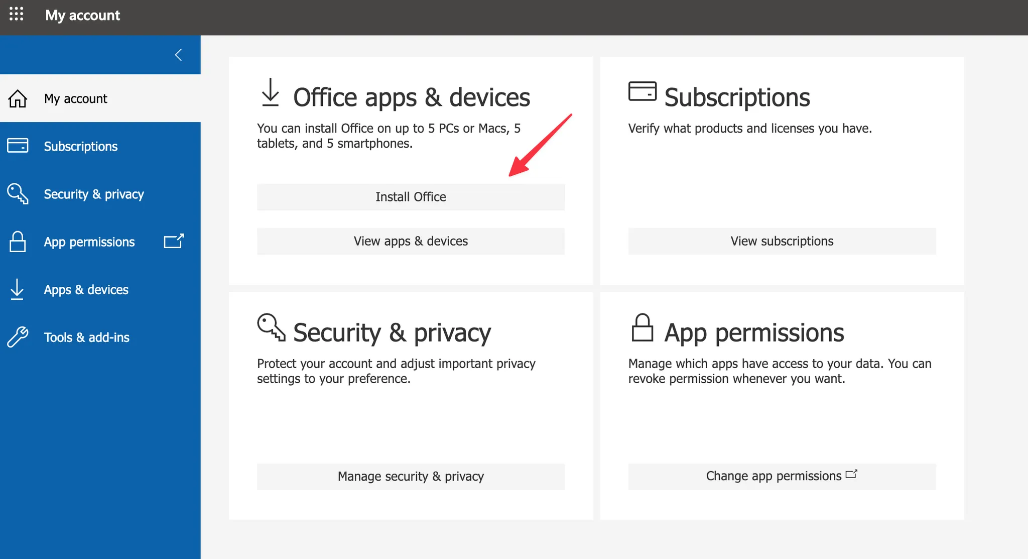 Microsoft 365 My account pagina met de knop Install Office onder Office apps and devices