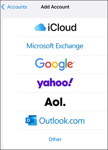 Lijst met accounttypes op de iPhone, met Microsoft Exchange bovenaan