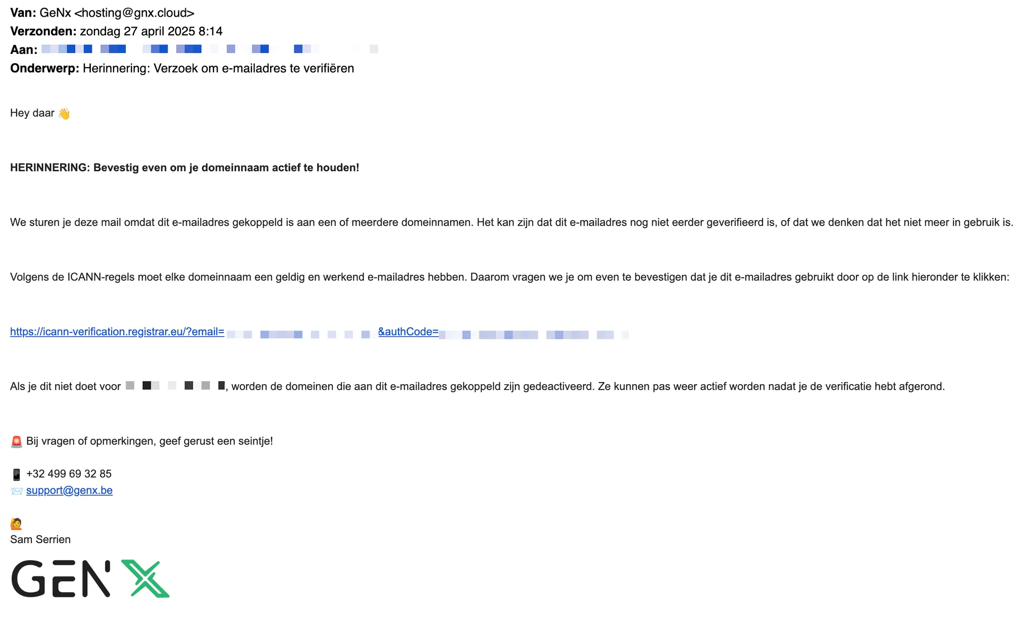 Voorbeeld van een herinneringsmail van GeNx met het onderwerp Verzoek om e-mailadres te verifiëren en een verificatielink