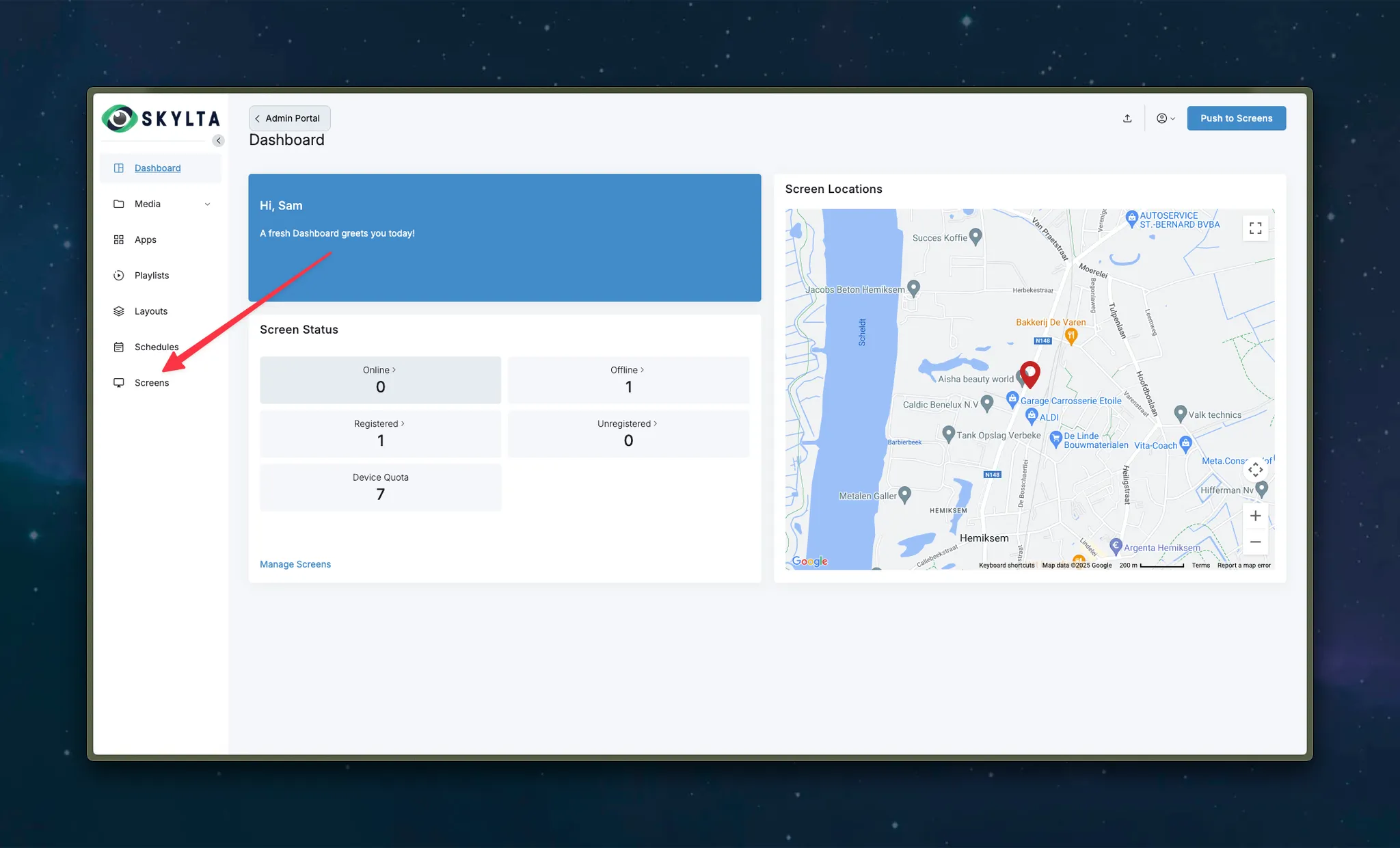 Skylta dashboard met het menu-item Screens aangeduid